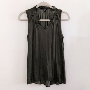 Vera Wang gathered v neck tank top shirt silk satin ruffle hunter sage green